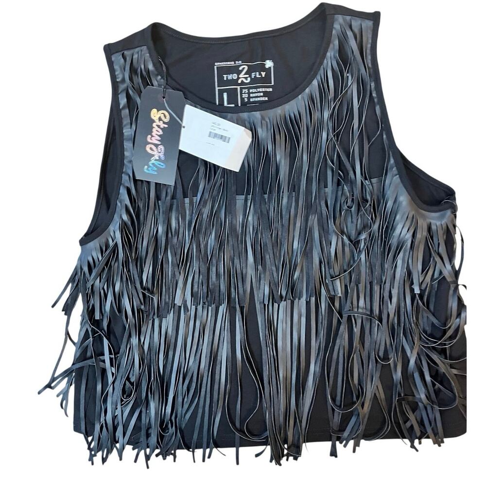 2Fly Co. Girls Best Fringe Tank Top Black Faux Leather Large NWT